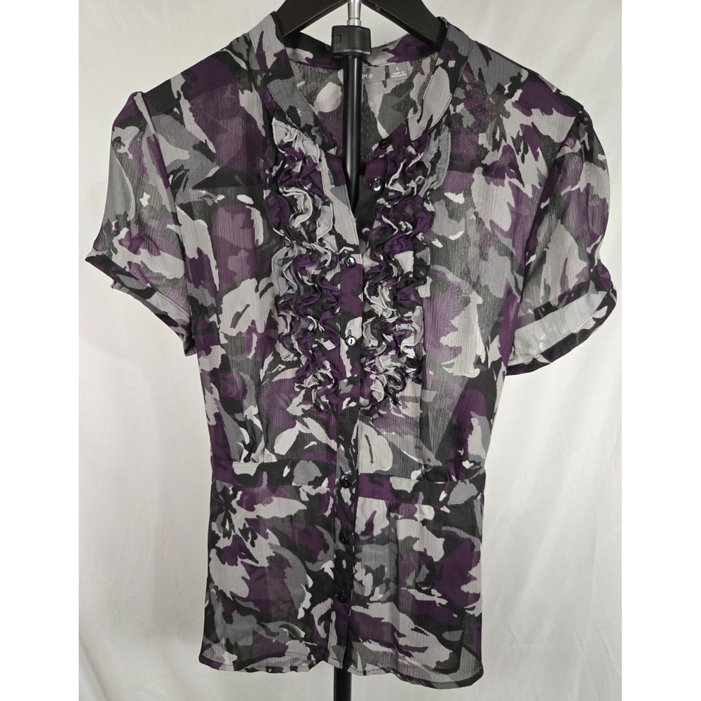 Sheer Floral Ruffle Blouse Size Large‎ Purple Black Goth Romantic Whimsigoth Tie